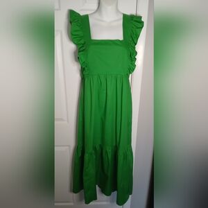 Scoop Cotton Kelly Green Ruffle Sleeve Midi Dress. Size Med(8-10).